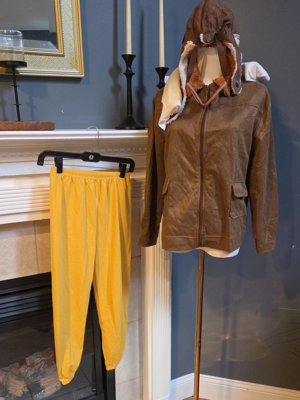 Kids Aviator Pilot Costume Size 10/12  Brown Jacket Goggles Yellow Pants